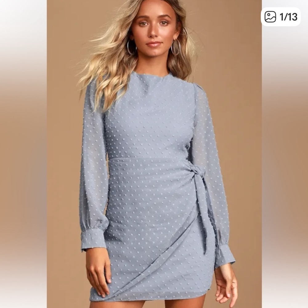 Lulus Much Love Light Blue Swiss Dot Long Sleeve Tie-Front Mini Dress Medium NEW